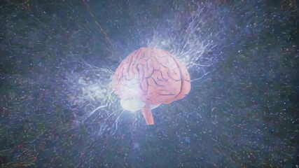 Starting 3D brain model rotating through particle field with luminous electric arcs intensifying - Powered by Adobe