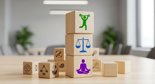 Wooden blocks stacked showing fitness balance and meditation for wellness concept