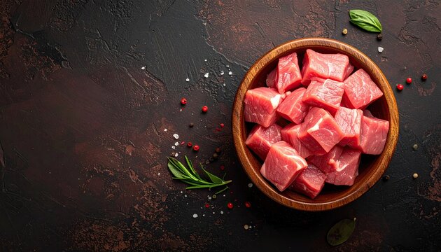 Wooden bowl of cubed raw beef on a dark surface