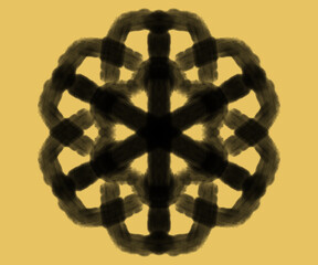 Black abstract symmetrical mandala-style design with bold brushstrokes on a mustard yellow background. Perfect for modern wall art, textile patterns, meditation themes, and contemporary graphic design