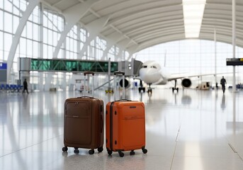 Brown and orange luggage at airport terminal suitcase
