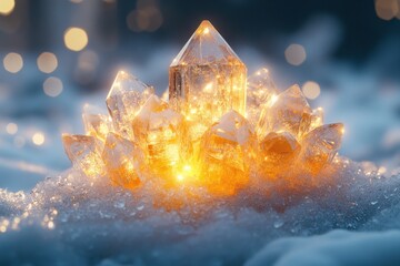 Crystal resting on snow, reflecting light.
