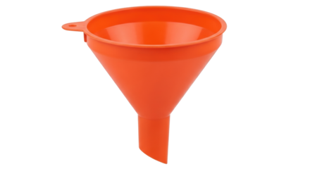 Isolated orange plastic funnel for pouring liquids into a bottle or container, side angle view