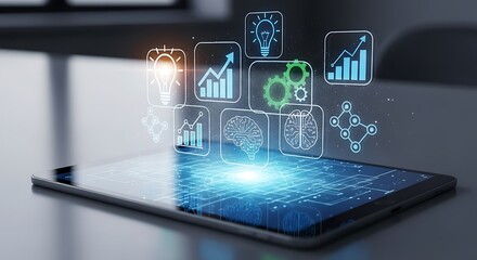 Tablet displaying business intelligence icons representing data analysis and innovation
