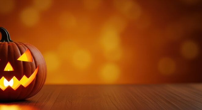 Halloween pumpkin on wooden surface with festive glowing bokeh, banner with text space. Halloween pumpkin is classic holiday decoration.