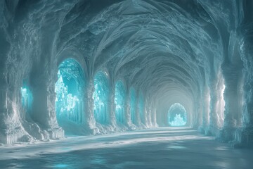 Tunnel in ice cave; light filtering through, creating eerie glow.
