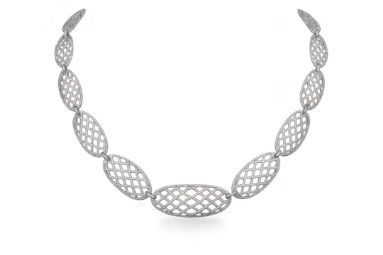 Silver necklace with intricate lattice pattern links, isolated on transparent background