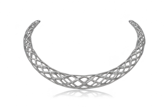 Intricate silver mesh crescent structure isolated on a transparent background
