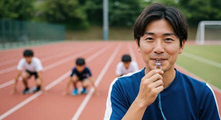 A blurry image of children practicing track and field on a playground. A male physical education teacher stands in front, blowing a whistle.