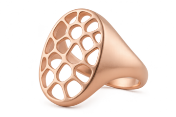 Rose gold ring with organic openwork design, isolated on transparent background.