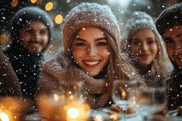 Fototapeta premium Group of friends happily playing in snow.