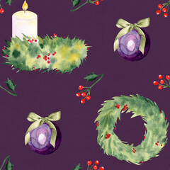 Candles, holly berries, pine wreaths, baubles watercolor seamless pattern on dark background. Ideal for wrapping paper, festive textiles, greeting cards, invitations, holiday decor projects. Christmas