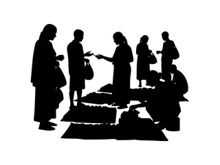 Silhouette of people buying and selling at traditional market. people activity.