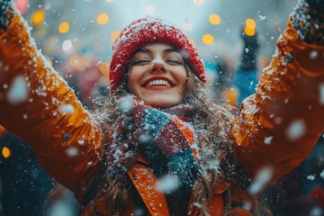 Woman in red hat and orange jacket throwing snow.