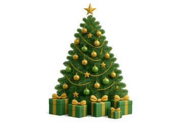 Christmas tree decorating with ornaments, stars, and string lights, surrounded by wrapped gift boxes, transparent background
