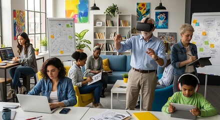 Diverse team collaborating in a modern office with VR technology and digital devices