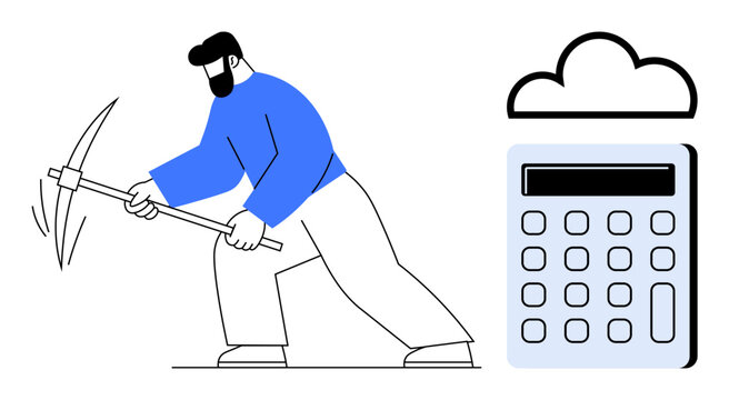 Worker using pickaxe next to cloud and calculator symbolizing digital mining, cloud computing, financial management, blockchain, data analysis, cryptocurrency, and innovation. A simple flat metaphor