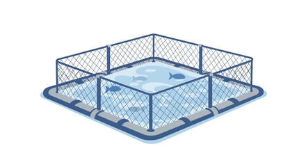 Isometric Illustration of Fish Farming Cage with Aquatic Animals Inside