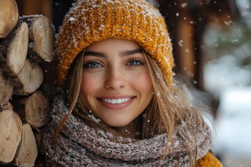 Woman in yellow hat and scarf standing in snow.