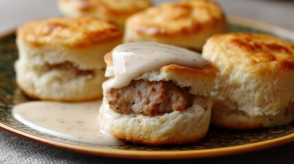 Delicious Homemade Biscuits and Gravy, Southern Comfort Food, Freshly Baked Buttermilk Biscuits with Creamy Sausage Gravy, Traditional American Breakfast