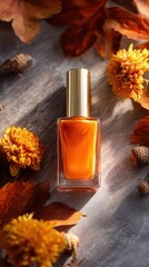 Orange nail polish bottle mockup with fall flowers and acorns
