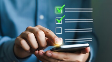 Person checking off items on a digital list checklist