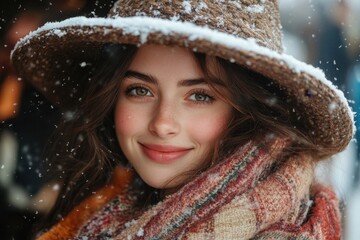 Woman in hat and scarf in snow.