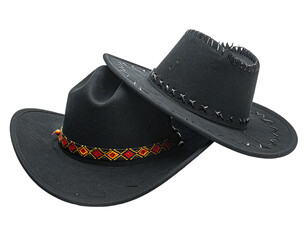 Two black cowboy hats overlapping, one atop the other.  A decorative band of orange, red, and black diamond patterns adorns the lower hat