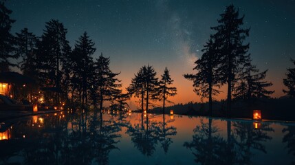Serene night scene showcases the silhouetted trees framing a tranquil water body, with soft glowing lanterns adding warmth and a captivating reflection, under a starry celestial sky filled with the...