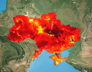 Ukraine map overlaid with a fiery, red-orange, China-like flag