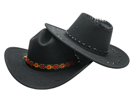 Two black cowboy hats overlapping, one atop the other. A decorative band of orange, red, and black diamond patterns adorns the lower hat