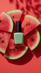 Mint green nail polish mockup with watermelon slices on coral background