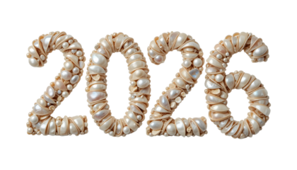 2026 New Year Pearl Numbers PNG Transparent Background Elegant Digits Crafted from White Pearls and Golden Wire Accents