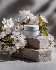 White skincare cream jar mockup with cherry blossoms on stone blocks
