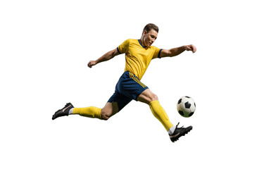 A dynamic sports photograph of a male soccer player in a bright yellow jersey and blue shorts executing a high kick to control a white and black soccer ball . isolated on a transparent background .