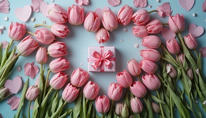 Beautiful arrangement of pink tulips arranged in a heart shape, encircling a small gift box tied with a matching pink ribbon, all set against a soft blue background with heart-shaped decorations,...