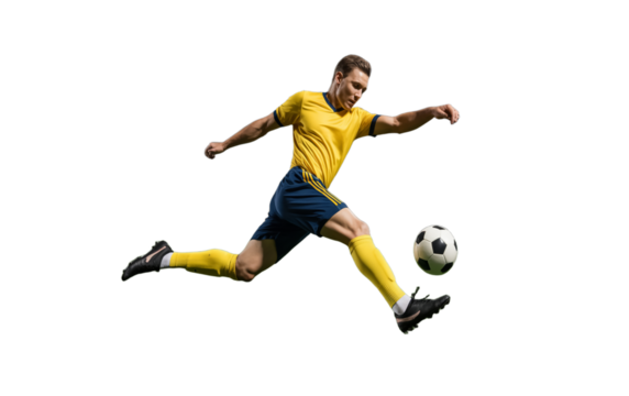 A dynamic sports photograph of a male soccer player in a bright yellow jersey and blue shorts executing a high kick to control a white and black soccer ball . isolated on a transparent background .
