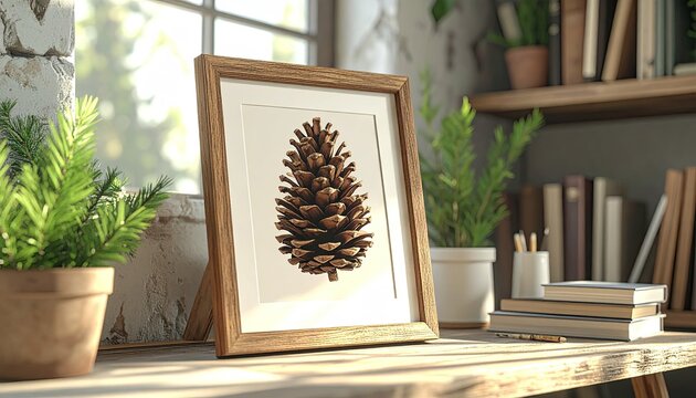Framed pine cone on rustic wooden table