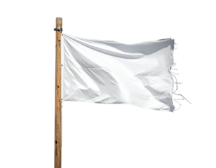 A tattered white flag billows on a wooden pole against a black background