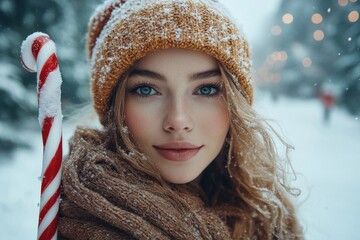 Woman in winter hat with candy cane.