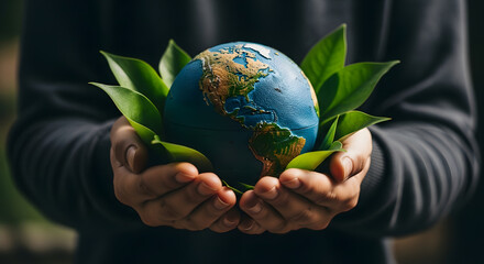 World Earth Day Concept. Green Energy, Renewable and Sustainable Resources. Environmental and Ecology Care. Hand Embracing Green Leaf and Handmade Globe
