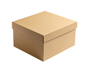 Square, light beige cardboard box, closed