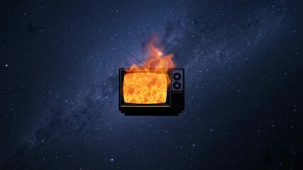 Appearing vintage TV bursting flames and releasing smoke plumes in starry sky, under Milky Way - Powered by Adobe