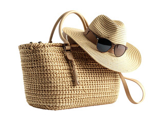 Beige straw tote bag with sunhat and sunglasses