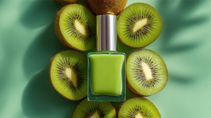 Green nail polish bottle mockup with sliced kiwi on pastel background