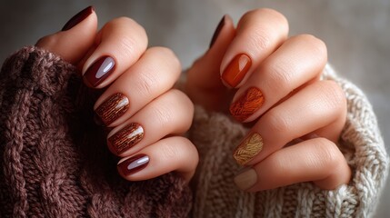 Autumn-themed manicure with orange and burgundy nail art