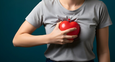 Painful, Heart Attack Concept. Young Adult Woman Squeezed a Red Balloon against her Chest. Heart Disease or feeling very Heartbreak and Sorrow