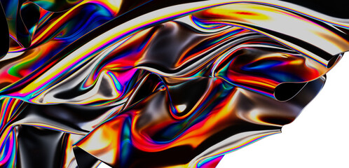 A vibrant image showing a flowing abstract fabric with shiny metallic textures and iridescence. Rich colors and light effects, perfect for moder