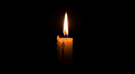 Single lit candle with a bright flame against a dark background