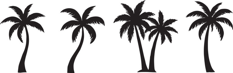 Obraz premium Elegant Black Palm Tree Silhouette Collection – Diverse Tropical Vector Shapes on a Clean White Background